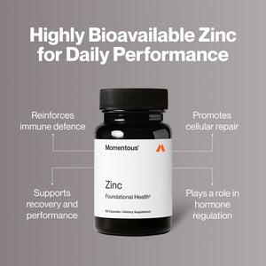 Zinc wellness supplement bottle with text highlighting immune defence recovery performance cellular repair and hormone regulation