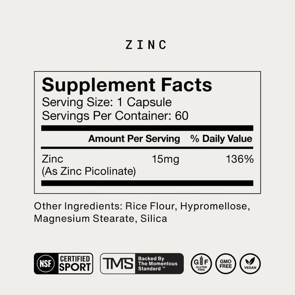 Supplement facts for Zinc showing 15mg per capsule providing 136% daily value, with other ingredients listed and certification logos for sport, gluten-free, GMO-free, and vegan.