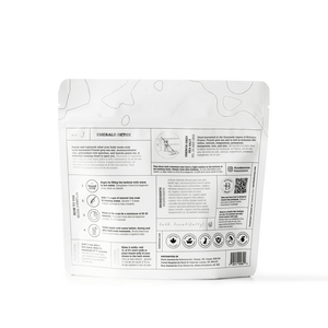 Back of package for Emerald Detox Clay Mineral Soak | Bathorium showing usage instructions, ingredient details, and wellness certifications for body care and skincare routines.