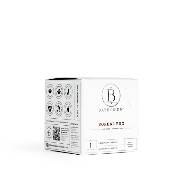 White product box for Boreal Fog Bath Bomb | Bathorium featuring eucalyptus and vetiver scent, designed for wellness and body care with clean, minimalist branding.