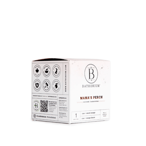 Packaging of Mama's Perch Bath Bomb | Bathorium showing product branding, usage icons, and scent description of orange and sweet orange for skincare and body care wellness.