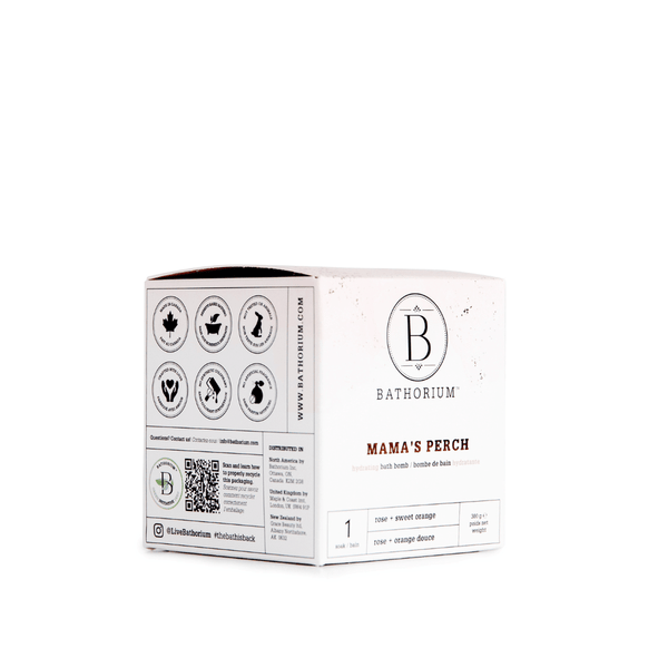 Packaging of Mama's Perch Bath Bomb | Bathorium showing product branding, usage icons, and scent description of orange and sweet orange for skincare and body care wellness.