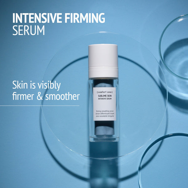 Sublime Skin Intensive Serum | [ comfort zone ] bottle displayed on a clear glass plate with blue background, promoting intensive firming skincare for visibly firmer and smoother skin.