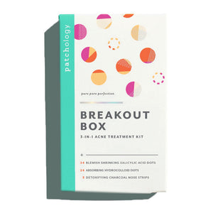 Packaging of Breakout Box 3-In-1 Acne Treatment Kit | Patchology featuring colorful circular designs, highlighting salicylic acid dots, hydrocolloid dots, and charcoal nose strips for skincare.