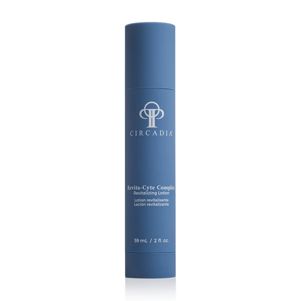 Blue cylindrical bottle of Revita-Cyte Complex | Circadia revitalizing lotion for skincare, designed to improve skin health and vitality.