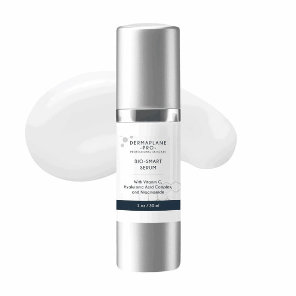 Bio-Smart Serum | DermaplanePro skincare product in sleek silver packaging with Vitamin C, Hyaluronic Acid Complex, and Niacinamide, displayed with a smooth serum texture background.