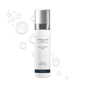 Bottle of Satisfaction Mist | DermaplanePro professional skincare spray with aloe, hyaluronic acid, and niacinamide, surrounded by water droplets on a white background.