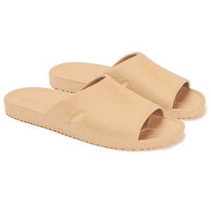 Pair of tan open-toe casual slides with a smooth finish and comfortable sole, designed for easy wear and relaxation in Bonsai Slides Tan | Feelgoodz style.