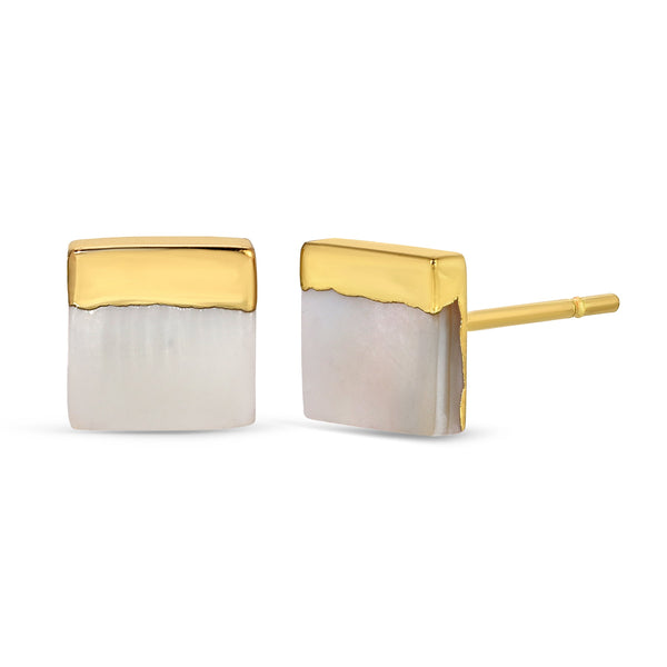 Close-up of elegant square-shaped stud earrings with gold dipped detailing over a soft pearl base, showcasing the Gold Dipped Pearl Studs | Meghan Bo Designs.