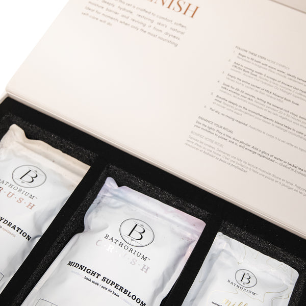 Open gift box featuring three individual bath soak packets neatly arranged in black foam compartments, part of the Cloaked In Hydration Gift Box Set | Bathorium, designed for a relaxing skincare ritual.