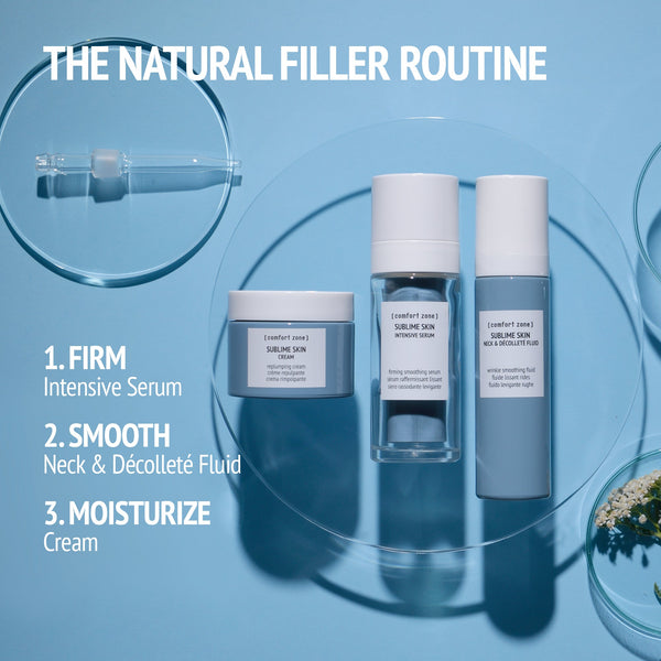 Sublime Skin Intensive Serum | [ comfort zone ] bottle displayed with complementary skincare cream and neck fluid on blue surface, promoting natural filler routine for firming, smoothing, and moisturizing.