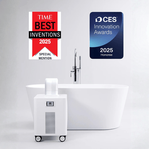 HomePlunge H3 Cold Plunge Chiller | HomePlunge displayed next to a modern white bathtub with award badges for TIME Best Inventions 2025 and CES Innovation Awards 2025.