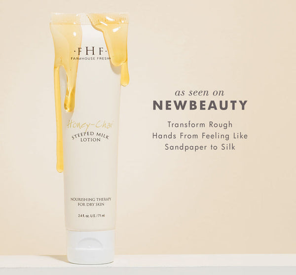 Tube of Honey-Chai Steeped Milk Lotion® for Hands | Farmhouse Fresh with honey dripping down, promoting skincare that transforms rough hands into silky smooth skin.