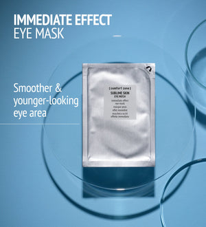 Sublime Skin Eye Patch | [ comfort zone ] product packet on a blue background with glass plates, highlighting immediate effect for smoother and younger-looking eye area skincare.