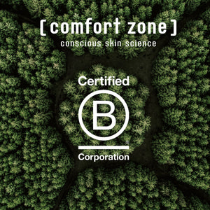 Aerial view of a dense green forest with the text [ comfort zone ] conscious skin science and Certified B Corporation logo, representing sustainable skincare values for Renight Cream | [ comfort zone ].