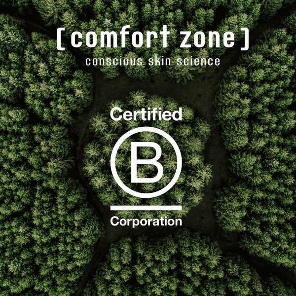 Aerial view of a dense green forest with the text [ comfort zone ] conscious skin science and Certified B Corporation logo, representing sustainable skincare values for Renight Cream | [ comfort zone ].