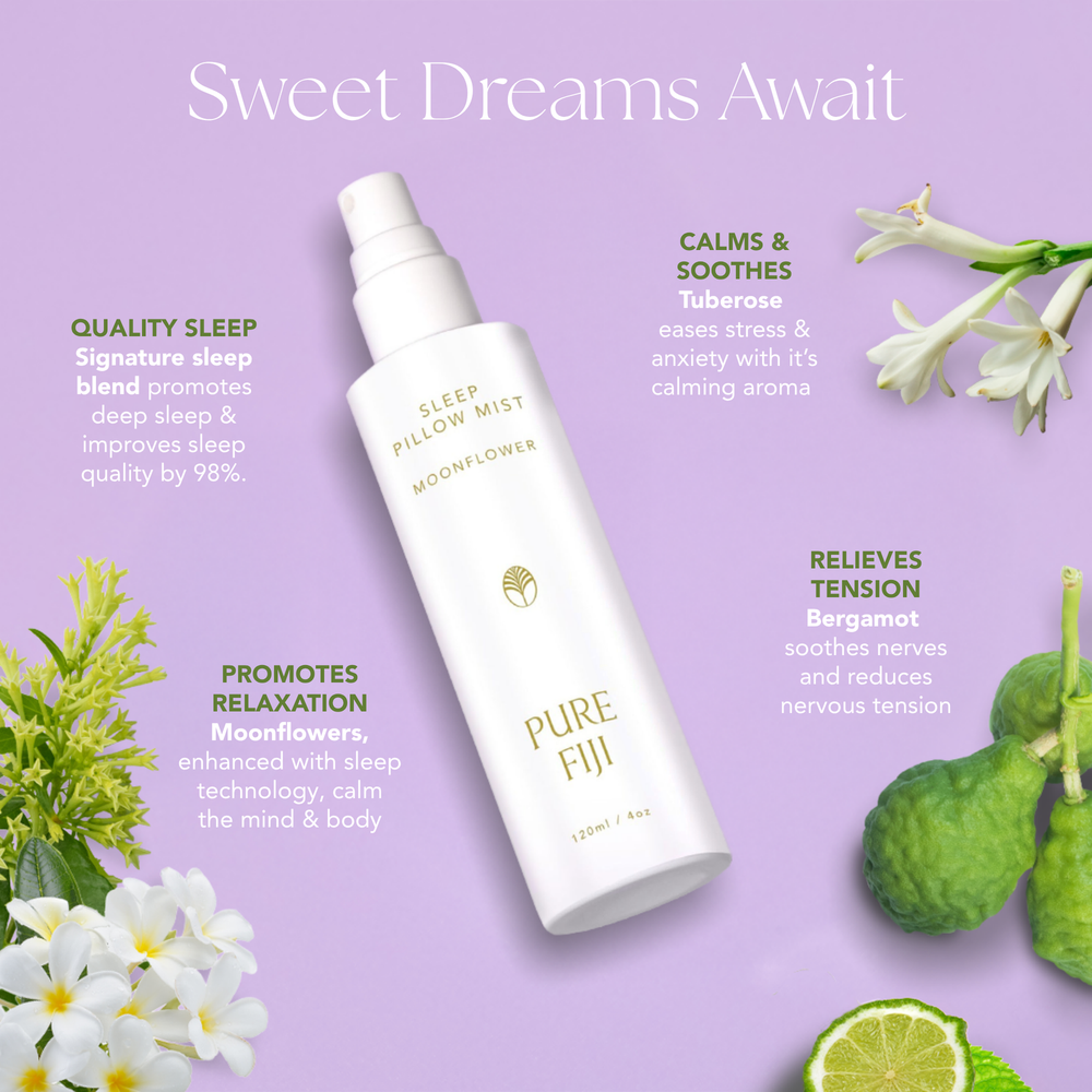 White spray bottle of Pillow Mist | Pure Fiji with awards displayed on a lavender background, suggesting a calming and luxurious wellness product for skincare and sleep care.