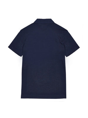 Back view of a navy blue short sleeve polo shirt laid flat, featuring a classic collar and smooth fabric texture, Navy All-Seasons Polo Jersey Short Sleeve | Corso Mille.