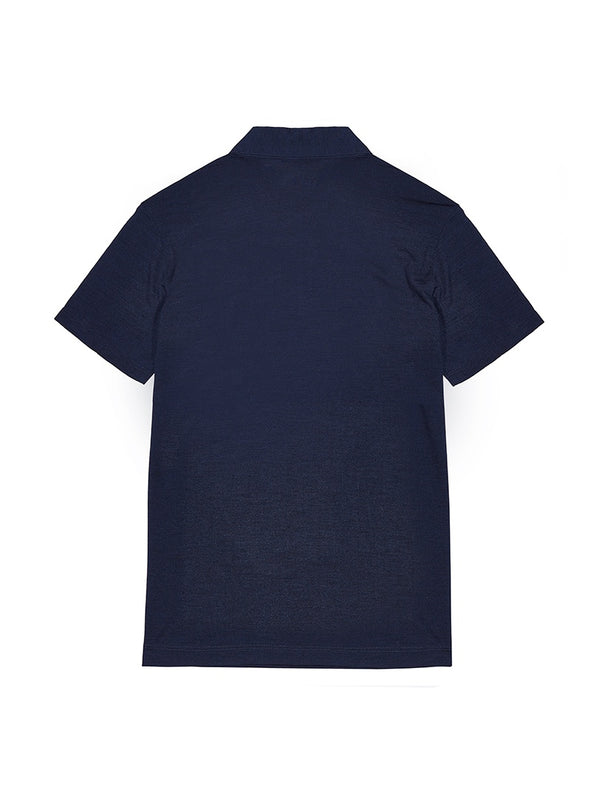 Back view of a navy blue short sleeve polo shirt laid flat, featuring a classic collar and smooth fabric texture, Navy All-Seasons Polo Jersey Short Sleeve | Corso Mille.