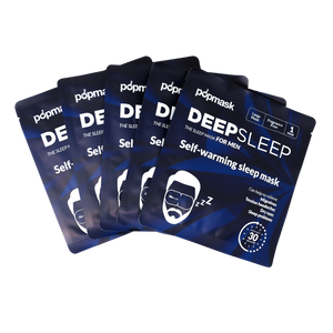 Pack of five Deep Sleep Fragrance-Free Self-Warming Large Sleep Masks (5 Pack) | Popmask in dark blue packaging, designed for men, promoting skincare and wellness with self-warming recovery features.