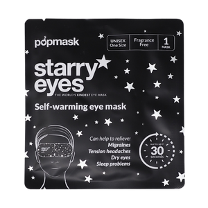 Packaging of Starry Eyes Warming Eye Mask - Single | Popmask displaying self-warming, fragrance-free treatment for migraines, tension headaches, dry eyes, and sleep problems with starry design.