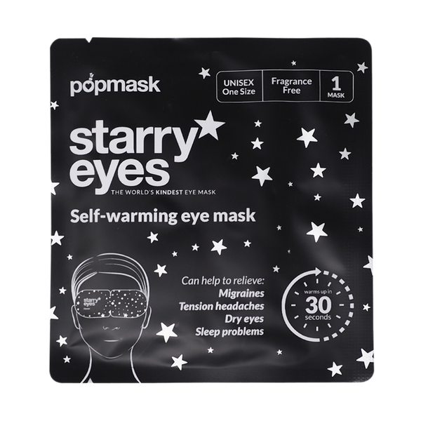 Packaging of Starry Eyes Warming Eye Mask - Single | Popmask displaying self-warming, fragrance-free treatment for migraines, tension headaches, dry eyes, and sleep problems with starry design.