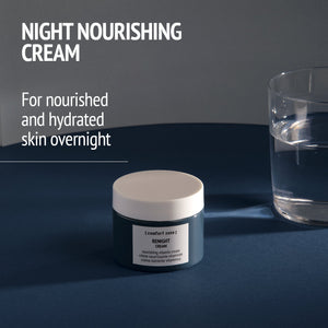 Jar of Renight Cream | [ comfort zone ] on a dark surface beside a glass of water with text highlighting its use as a night nourishing cream for hydrated skin overnight