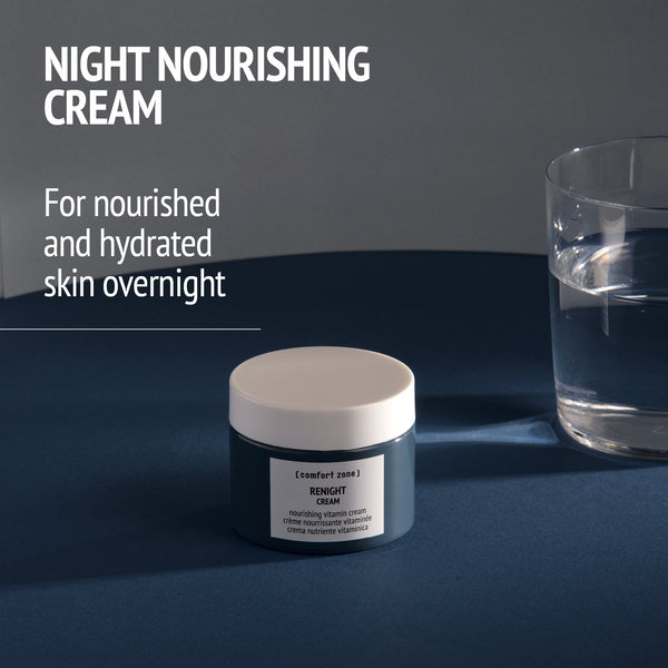 Jar of Renight Cream | [ comfort zone ] on a dark surface beside a glass of water with text highlighting its use as a night nourishing cream for hydrated skin overnight