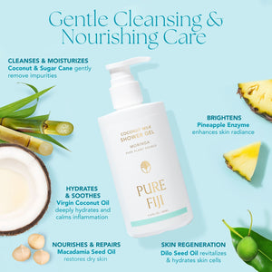 Bottle of Coconut Milk Shower Gel | Pure Fiji surrounded by natural ingredients including coconut, sugar cane, pineapple slices, macadamia seed oil, virgin coconut oil, and dilo seed oil, highlighting its gentle cleansing, moisturizing, brightening, and skin-repairing benefits.