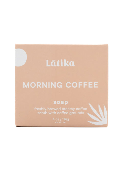 Natural Hydrating Soap Bar | Latika in peach packaging labeled Morning Coffee soap, featuring a creamy coffee scrub with coffee grounds for skincare and body care.