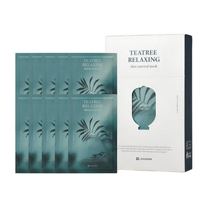 Packaging of Leaders Skin Renewal Mask Teatree Relaxing | Leaders showing multiple individual teal green mask sachets next to a white and navy blue box, emphasizing skincare and relaxation with natural ingredients.