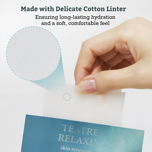 Hand holding a delicate cotton linter sheet from Leaders Skin Renewal Mask Teatree Relaxing | Leaders, highlighting its soft texture for long-lasting hydration and comfort in skincare.