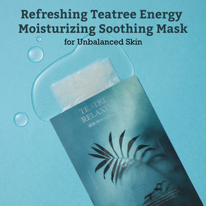 Leaders Skin Renewal Mask Teatree Relaxing | Leaders sachet open with gel mask visible on a blue background with water droplets and text promoting refreshing teatree energy moisturizing soothing mask for unbalanced skin.