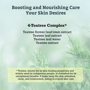Text on a soft green background explaining the benefits of the Leaders Skin Renewal Mask Teatree Relaxing | Leaders, highlighting a 4-teatree complex made from flower, leaf, stem extract, leaf water, and teatree extract for skin healing and moisturizing.