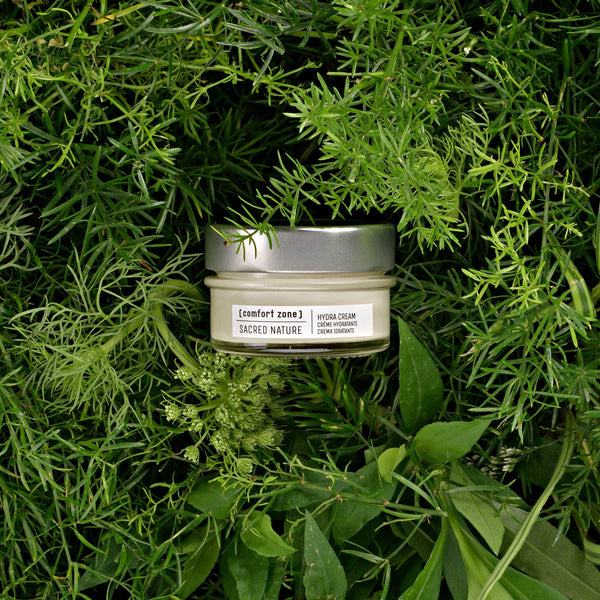 Jar of Sacred Nature Hydra Cream | [ comfort zone ] placed among fresh green herbs and foliage, highlighting natural skincare ingredients and wellness focus.