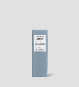 Blue rectangular box packaging of Sublime Skin Intensive Serum | [ comfort zone ] with white label detailing firming smoothing serum for aging skin, 30 ml size, against a plain light gray background.