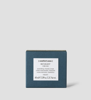 Minimalist packaging of Renight Cream | [ comfort zone ], a nourishing vitamin night cream for skincare, displayed in a sleek dark blue box.