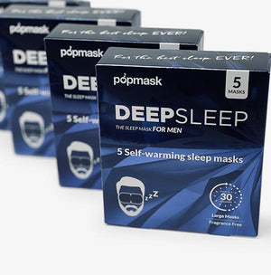 Boxes of Deep Sleep Fragrance-Free Self-Warming Large Sleep Masks (5 Pack) | Popmask shown in dark blue packaging designed for men, emphasizing self-warming comfort and restful sleep.