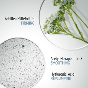 Close-up of Achillea Millefolium flowers and a clear gel texture demonstrating key ingredients and benefits of Sublime Skin Intensive Serum | [ comfort zone ], highlighting firming, smoothing, and replumping effects for skincare.