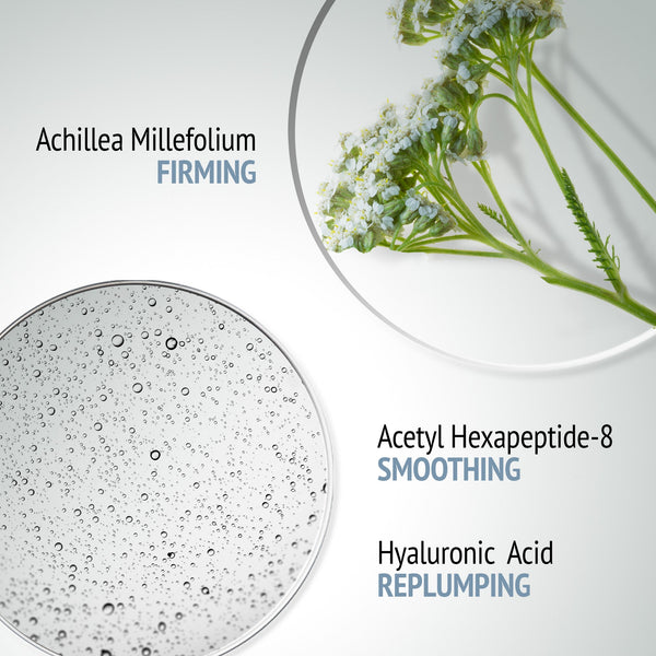 Close-up of Achillea Millefolium flowers and a clear gel texture demonstrating key ingredients and benefits of Sublime Skin Intensive Serum | [ comfort zone ], highlighting firming, smoothing, and replumping effects for skincare.