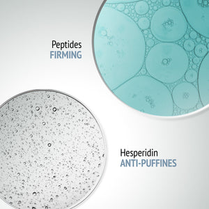 Close-up visual of blue and clear liquid droplets representing peptides for firming and hesperidin for anti-puffiness in skincare, related to Sublime Skin Eye Patch | [ comfort zone ].