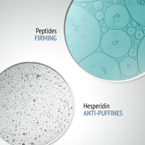 Close-up visual of blue and clear liquid droplets representing peptides for firming and hesperidin for anti-puffiness in skincare, related to Sublime Skin Eye Patch | [ comfort zone ].