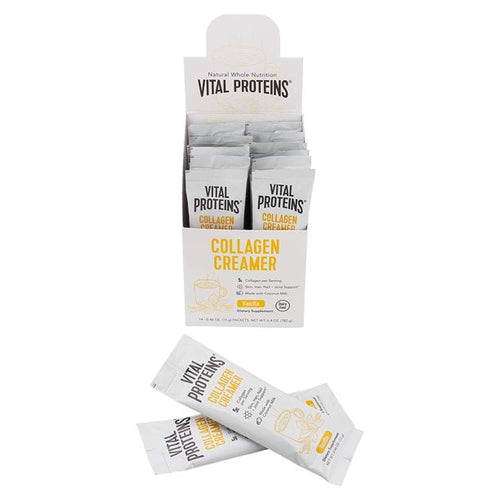 Display box with individual packets of Collagen Creamer - Vanilla | Vital Proteins wellness supplement for skincare and body care, in white and yellow packaging.