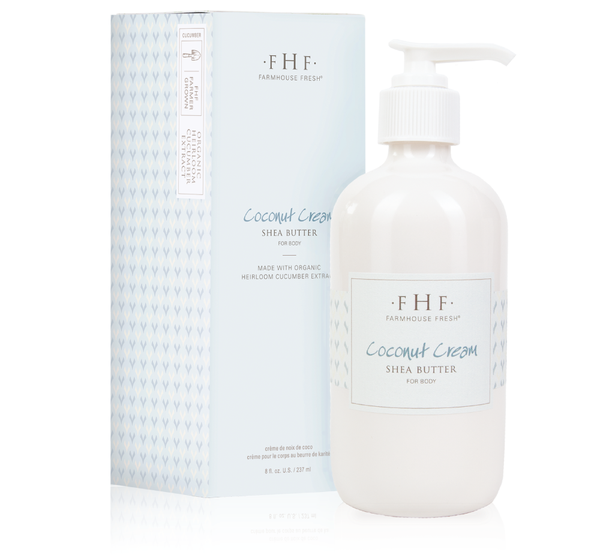 Bottle and packaging of Coconut Cream Shea Butter | Farmhouse Fresh, a moisturizing body care product in a creamy white pump bottle with soft blue and beige packaging design.