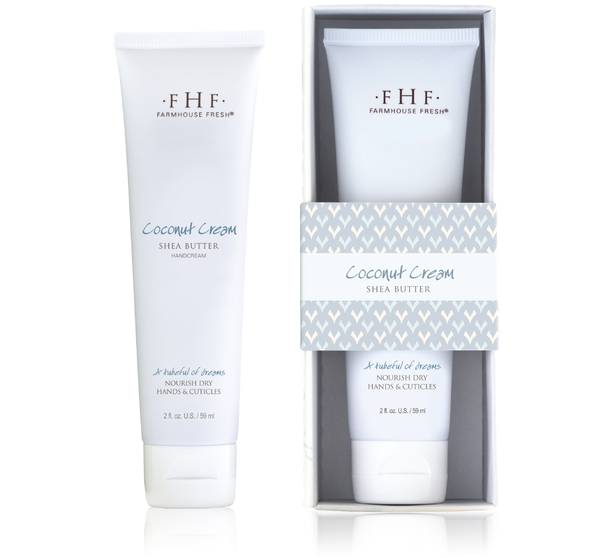Tube and boxed packaging of Coconut Cream Shea Butter Hand Cream | Farmhouse Fresh featuring skincare product designed to nourish dry hands and cuticles.