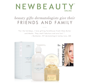 Coconut Cream Shea Butter | Farmhouse Fresh in a pump bottle next to a matching box and other skincare products, featured in a NewBeauty Online article about dermatologist-recommended beauty gifts.