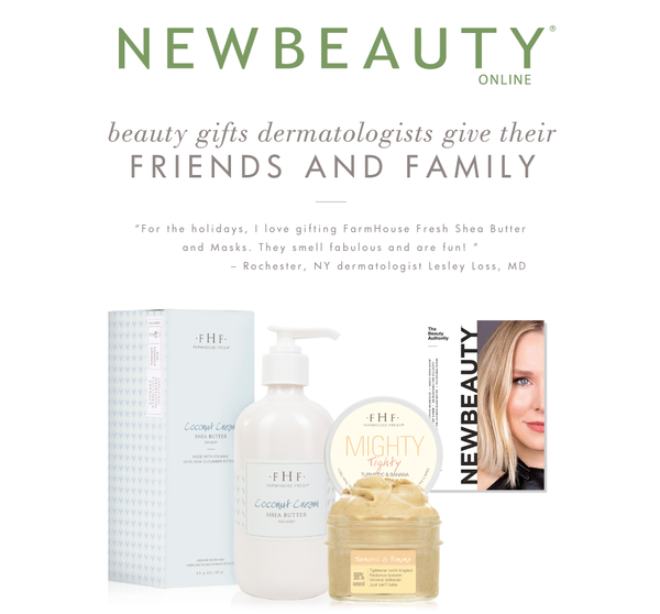 Coconut Cream Shea Butter | Farmhouse Fresh in a pump bottle next to a matching box and other skincare products, featured in a NewBeauty Online article about dermatologist-recommended beauty gifts.