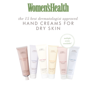 Coconut Cream Shea Butter Hand Cream | Farmhouse Fresh featured among five pastel-colored hand cream tubes in a Women’s Health graphic highlighting top hand creams for dry skin.