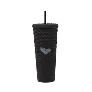 Custom Studded Tumbler | Live Love Spa featuring a textured black exterior with studded design, reusable straw, and a heart-shaped leaf logo for body care and wellness.