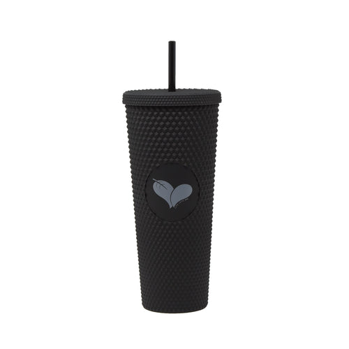 Custom Studded Tumbler | Live Love Spa featuring a textured black exterior with studded design, reusable straw, and a heart-shaped leaf logo for body care and wellness.